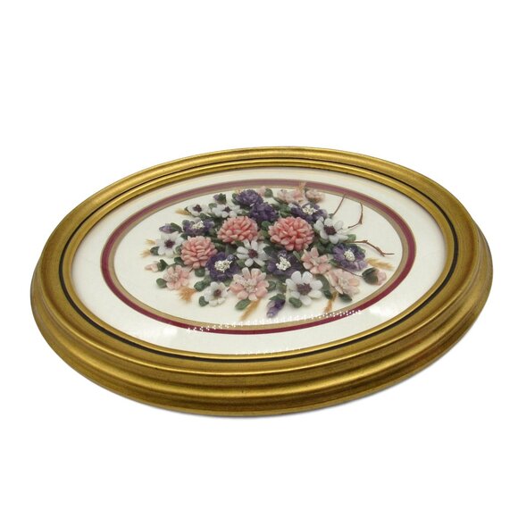 GEMSTONE BOUQUET Artwork Gold Oval Convex Frame 3D Floral 16 Inches Vintage - Picture 5 of 12